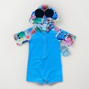 Disney Baby NWT 18-24 Month One Piece Hooded Rashguard UPF 50+ Tropical Mickey